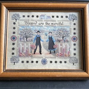 Vintage Scissor Cut Amish Folk Art “Blessed Are The Merciful” in Tan Frame